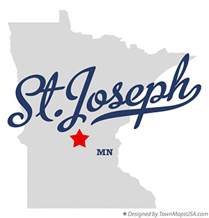 Map of Minnesota with marker for St. Joseph